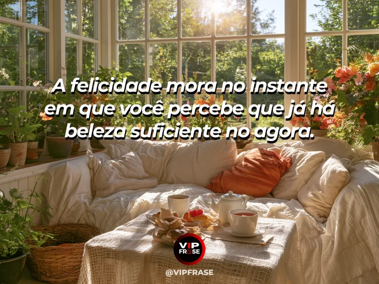 Mensagem sobre felicidade e alegria de viver, com sunlit window and turquoise sea.