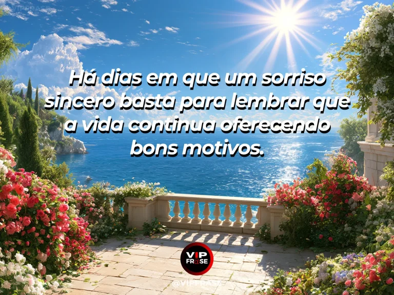 Mensagem sobre felicidade e alegria de viver, com sunlit balcony with flowers.