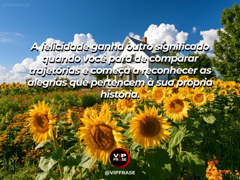 Mensagem de felicidade sobre feliz com a própria história, com terraço sobre pomar verdejante.
