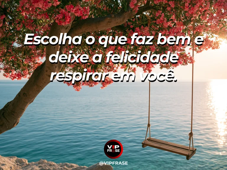 Mensagem sobre felicidade e alegria de viver, com garden with wooden bench.