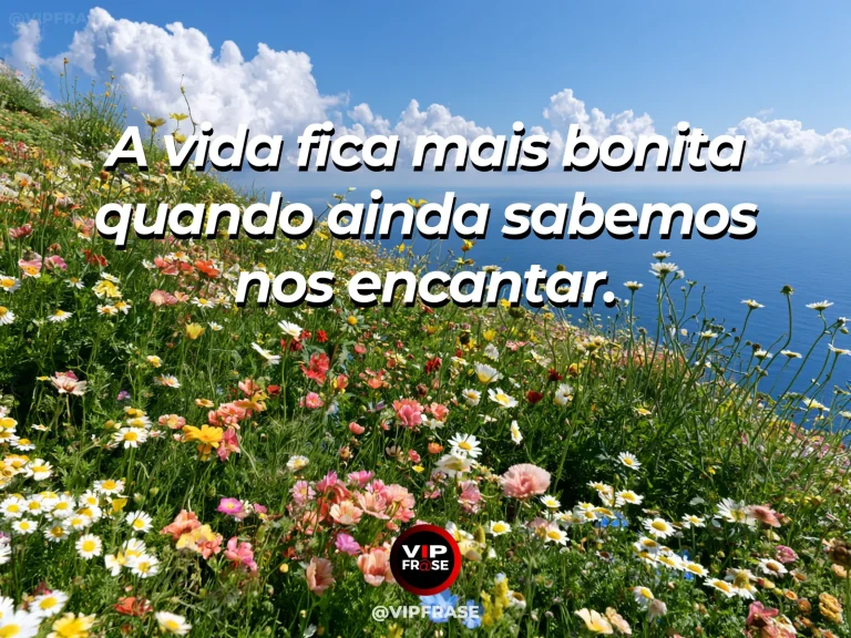 Mensagem de felicidade sobre o prazer de estar vivo, com campo florido com vista para lago azul.