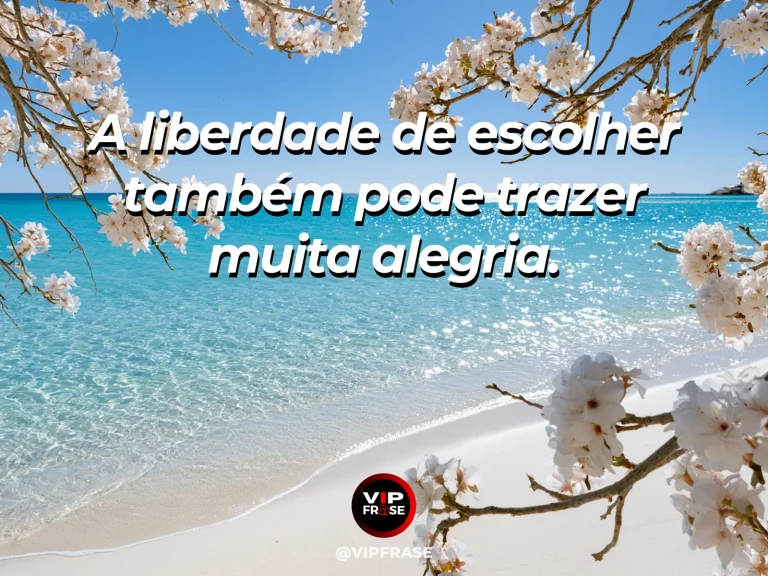 Mensagem de felicidade sobre o prazer de ser livre, com portão azul aberto para jardim costeiro.