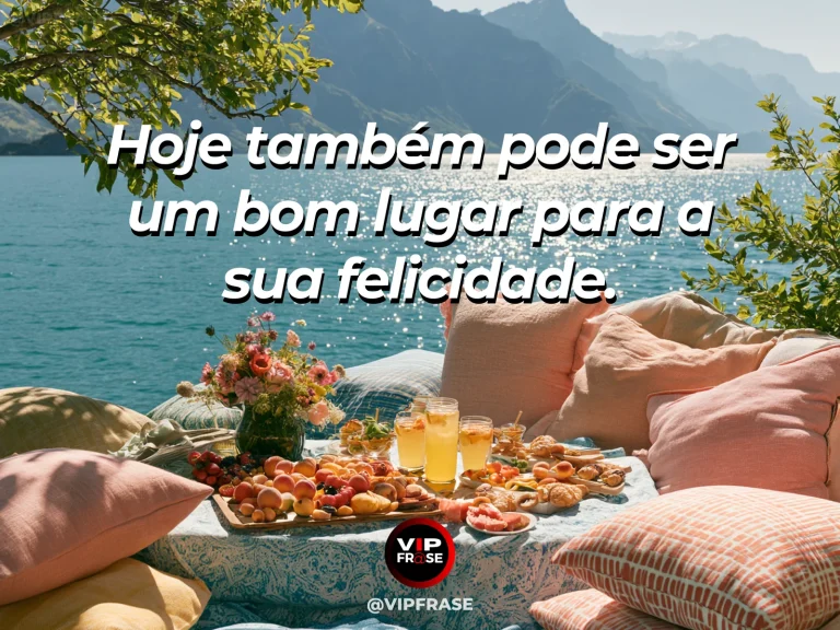 Mensagem sobre felicidade e alegria de viver, com lakeside picnic.