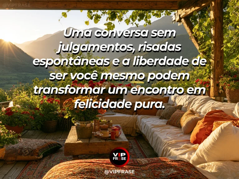 Mensagem de felicidade sobre onde a alegria encontra companhia, com terraço mediterrâneo com poltronas coloridas.