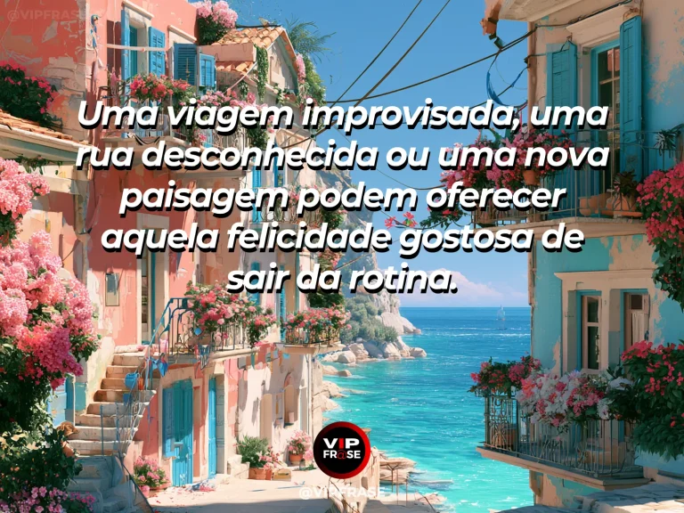 Mensagem de felicidade sobre pequenas aventuras, grandes lembranças, com rua colorida de vila à beira-mar.