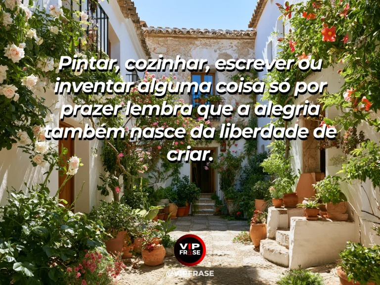 Mensagem de felicidade sobre quando a criatividade vira felicidade, com cozinha ensolarada com quitutes artesanais.