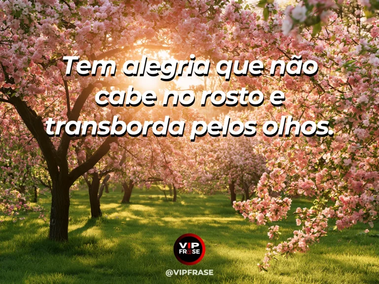 Mensagem de felicidade sobre um coração em festa, com árvores floridas com raios dourados.
