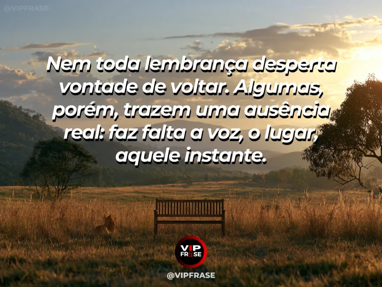 Mensagem de saudade sobre a diferença entre lembrar e sentir falta, com banco à beira de lago luminoso com flores.