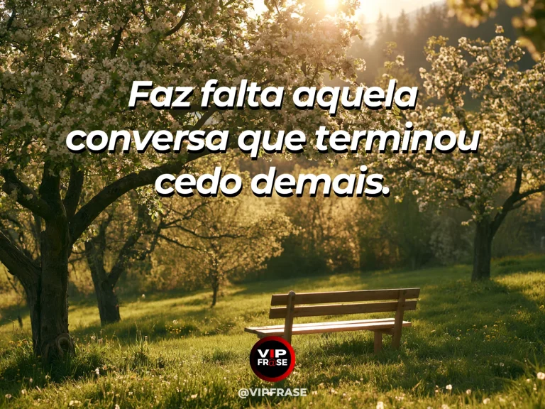 Mensagem de saudade sobre o banco da última conversa, com banco vazio à sombra de ipê florido.