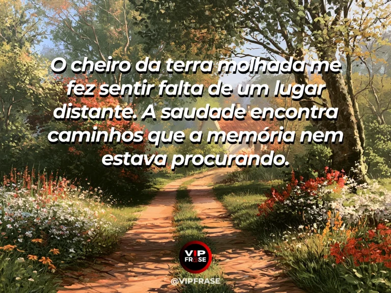 Mensagem de saudade sobre o cheiro da terra de outro tempo, com trilha de terra após chuva com flores vibrantes.