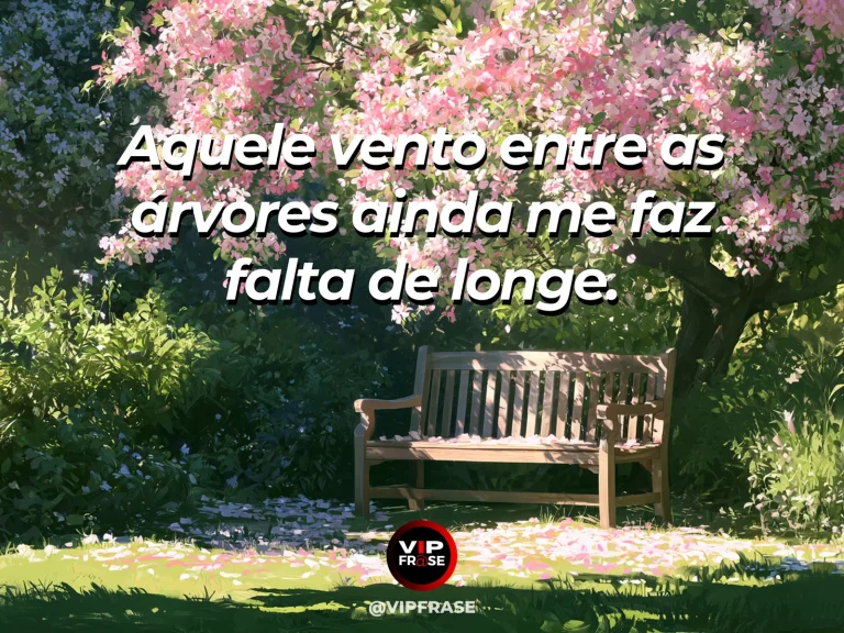 Mensagem de saudade sobre o som do vento de outro lugar, com árvores floridas movidas pela brisa num parque.