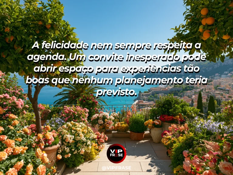 Mensagem sobre felicidade e a beleza de mudar os planos, com surprising vibrant seaside village terrace at golden hour.