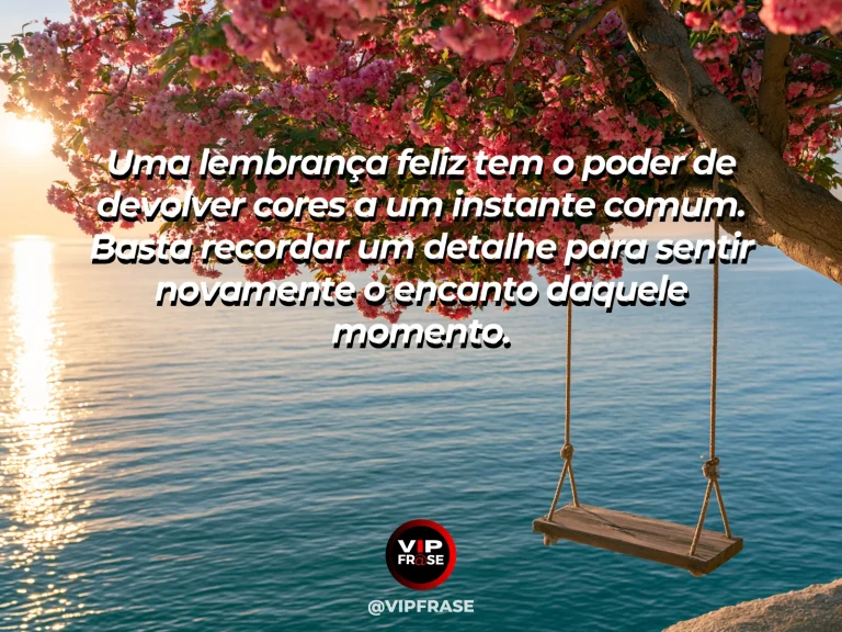 Mensagem sobre felicidade e a felicidade das boas lembranças, com vintage garden swing beneath a flowering pink cherry tree.
