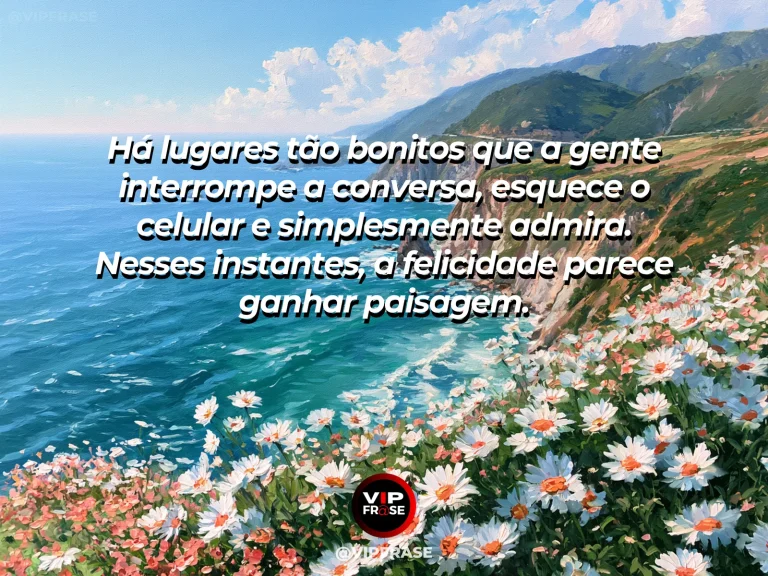 Mensagem sobre felicidade e a felicidade de contemplar o belo, com panoramic Mediterranean coastline with bougainvillea in bloom.