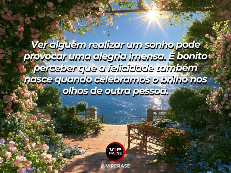 Mensagem sobre felicidade e a felicidade de testemunhar um sonho realizado, com festive flower garden gazebo overlooking scenic green valley.