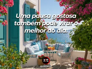 Mensagem sobre felicidade e felicidade em uma pausa inesperada, com cozy iluminado pelo sol balcony with tea and sea views.