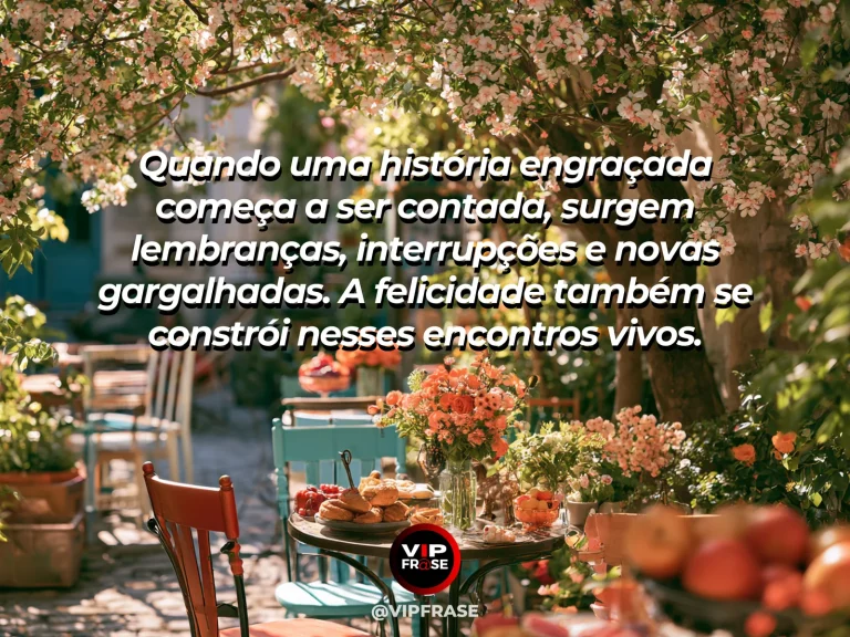 Mensagem sobre felicidade e felicidade nas histórias compartilhadas, com long inviting outdoor lunch table under flowering pergola.