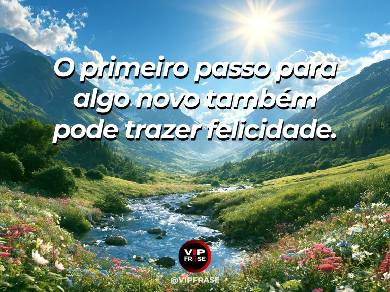 Mensagem sobre felicidade e uma alegria que nasce da coragem, com wooden footbridge toward green mountain valley at dawn.
