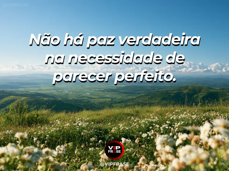 Mensagem sobre a beleza da paz sem aparências, com campo de flores delicadas diante de horizonte marinho aberto.