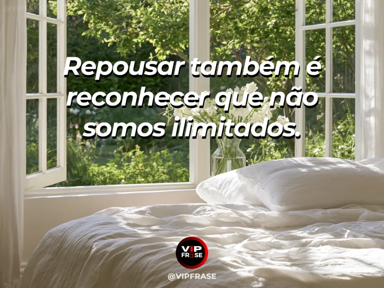 Mensagem sobre a confiança que permite repousar, com quarto ensolarado de linho branco com vista para árvores.