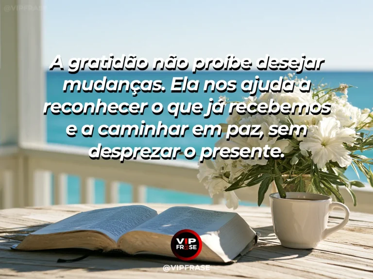 Mensagem sobre a gratidão que acalma nossas exigências, com janela luminosa com flores e cesta de frutas frescas.