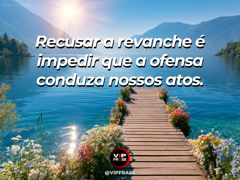 Mensagem sobre a paz de abrir mão da revanche, com caminho de pedras ao longo de um rio claro com flores.