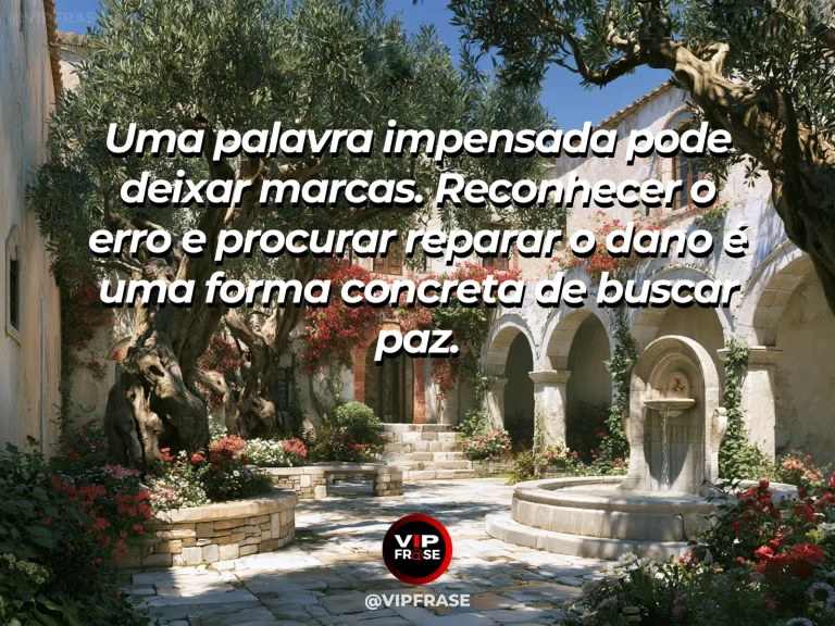 Mensagem sobre a paz também pede reparação, com pequena fonte restaurada em pátio mediterrâneo cheio de flores.