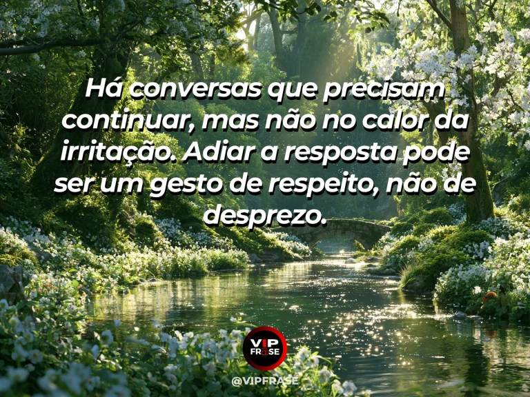 Mensagem sobre a sabedoria de se afastar de uma discussão, com jardim com espelho d’água, manhã luminosa.