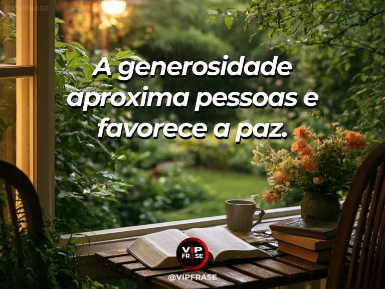 Mensagem sobre a serenidade de repartir o que temos, com mesa de madeira com frutas, flores e janela aberta para sol.