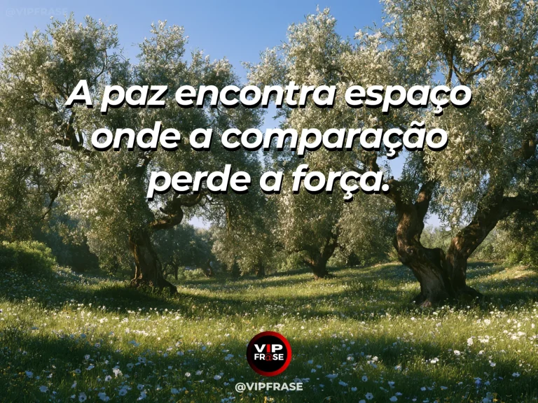 Mensagem sobre a simplicidade que favorece a paz, com pomar de laranjeiras maduras com luz dourada suave.