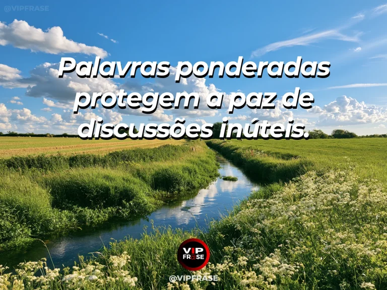Mensagem sobre a tranquilidade de uma palavra ponderada, com riacho sereno cercado por margaridas brancas.