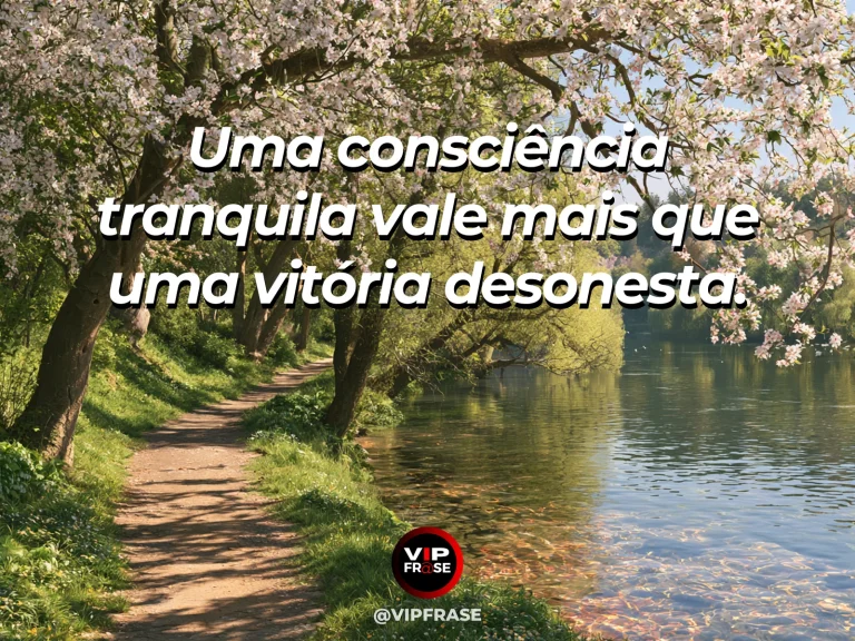 Mensagem sobre consciência em paz e escolhas honestas, com alameda de árvores floridas com caminho claro e luz limpa.