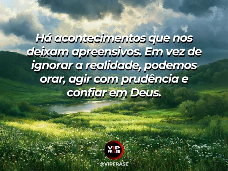 Mensagem sobre descansar em deus diante das notícias, com janela com flores brancas e campo iluminado depois da chuva.