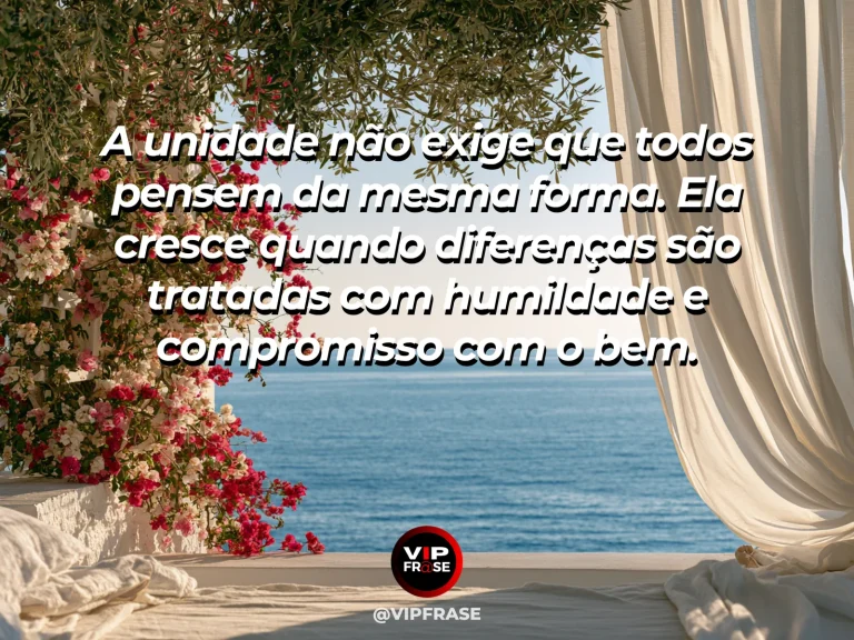 Mensagem sobre escolher a unidade sem apagar diferenças, com alameda arborizada ampla com flores diversas nas margens.