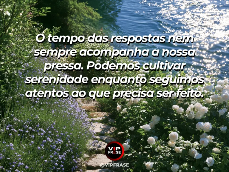 Mensagem sobre esperar sem transformar demora em desespero, com caminho de pedra atravessando campo de flores e luz serena.