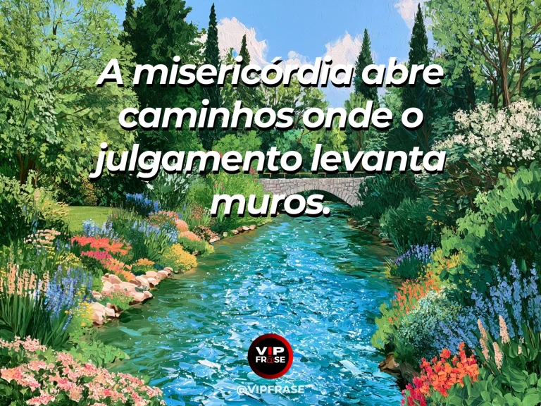 Mensagem sobre menos julgamento, mais paz na convivência, com duas margens ligadas por ponte antiga entre folhagens.
