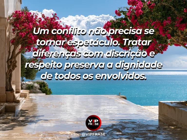 Mensagem sobre o compromisso de não humilhar em público, com pátio mediterrâneo com fonte de pedra e buganvílias rosadas.