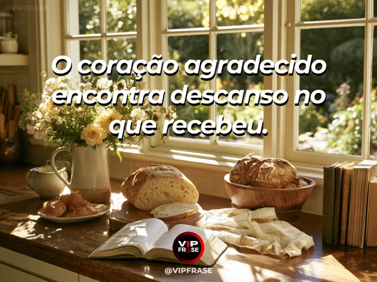 Mensagem sobre o contentamento que não se compara, com mesa simples com frutas frescas ao lado de janela ensolarada.