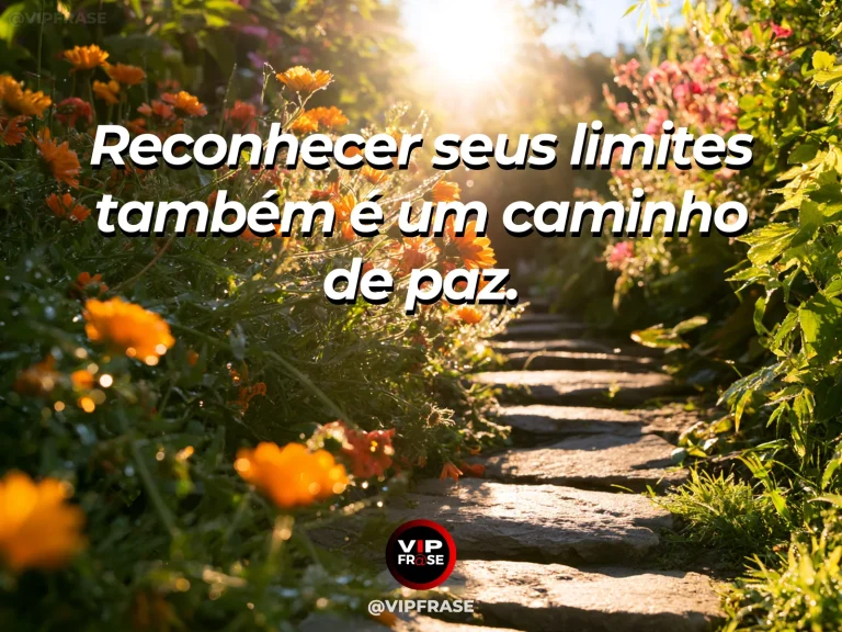 Mensagem sobre o descanso de reconhecer os próprios limites, com pequeno refúgio de jardim com caminho livre entre plantas.