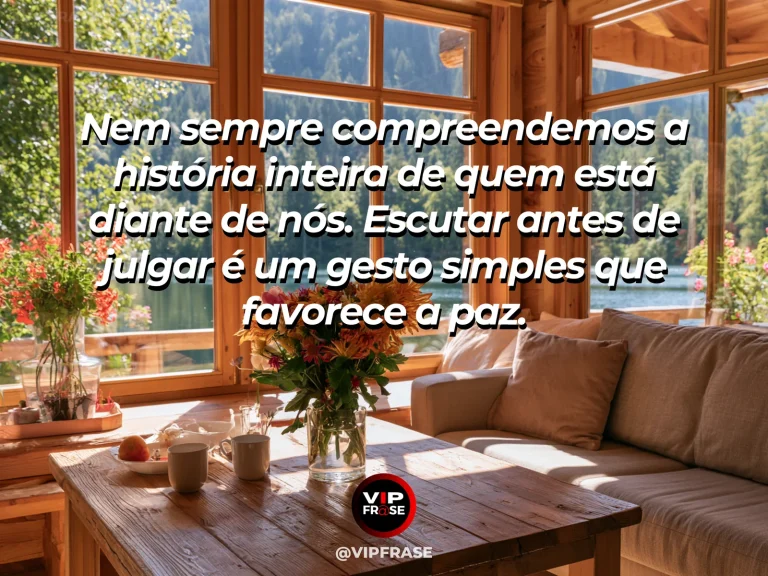 Mensagem sobre ouvir com paciência para restaurar vínculos, com duas poltronas claras voltadas para jardim por ampla janela.