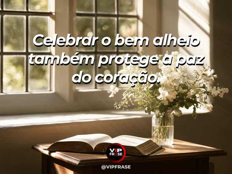 Mensagem sobre paz ao não alimentar inveja, com buquê colorido perto de janela aberta para horizonte tranquilo.
