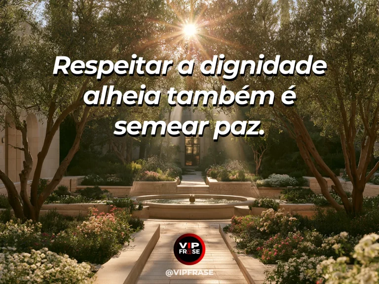 Mensagem sobre paz ao reconhecer o valor do próximo, com jardim mediterrâneo com duas oliveiras e banco de pedra sob luz dourada.