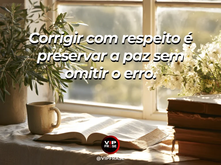 Mensagem sobre paz na maneira de corrigir, com mesa de madeira com livro aberto e flores frescas junto à janela.