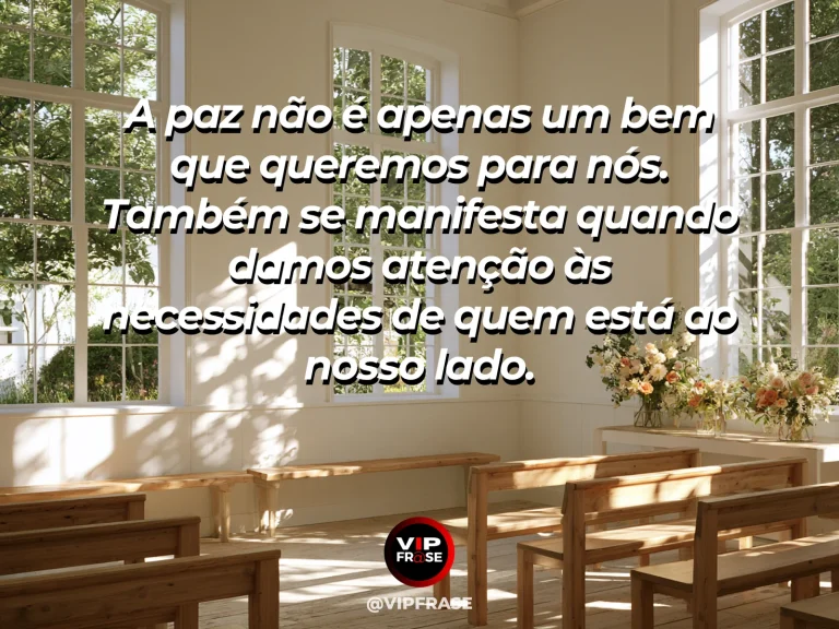 Mensagem sobre paz que considera as necessidades alheias, com jardim comunitário florido com bancos e plantas.