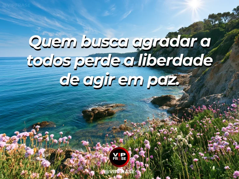 Mensagem sobre paz que não depende de aplausos, com costa marítima azul aberta sob céu luminoso.