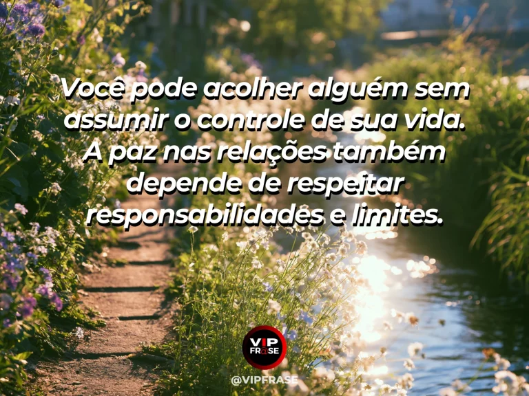 Mensagem sobre paz sem carregar o peso de todos, com dois caminhos de pedra entre lavandas e árvores altas.