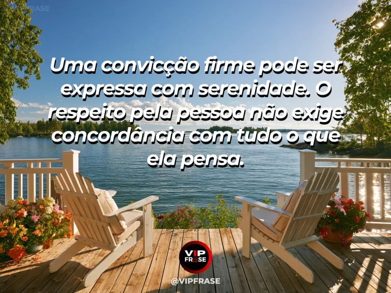Mensagem sobre preservar a paz em meio a opiniões fortes, com duas cadeiras de jardim voltadas para lago e montanhas verdes.