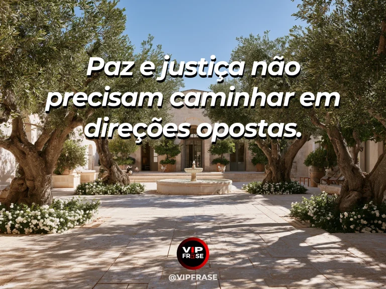 Mensagem sobre quando a justiça encontra a gentileza, com jardim geométrico com fonte de água clara e árvores ao redor.