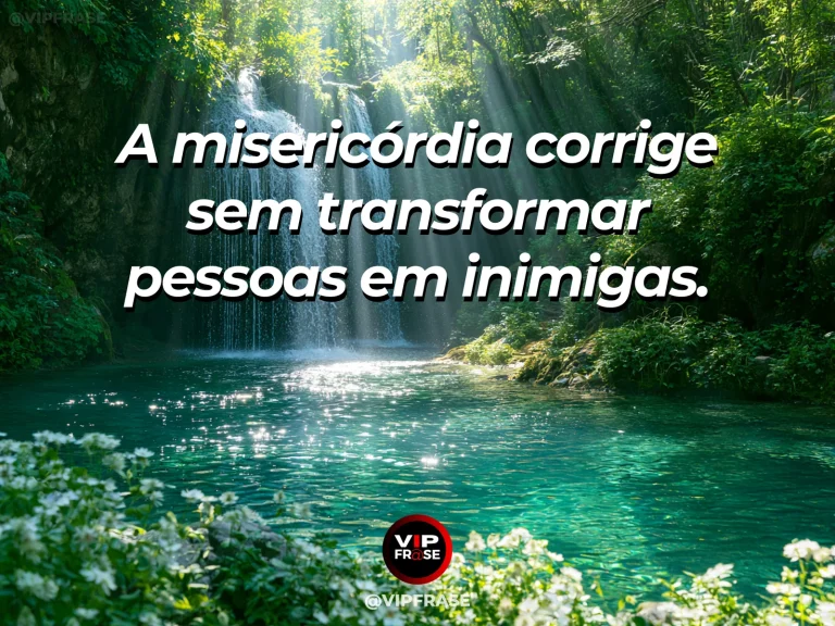 Mensagem sobre responder ao erro com misericórdia, com fonte de jardim entre flores brancas e vegetação abundante.