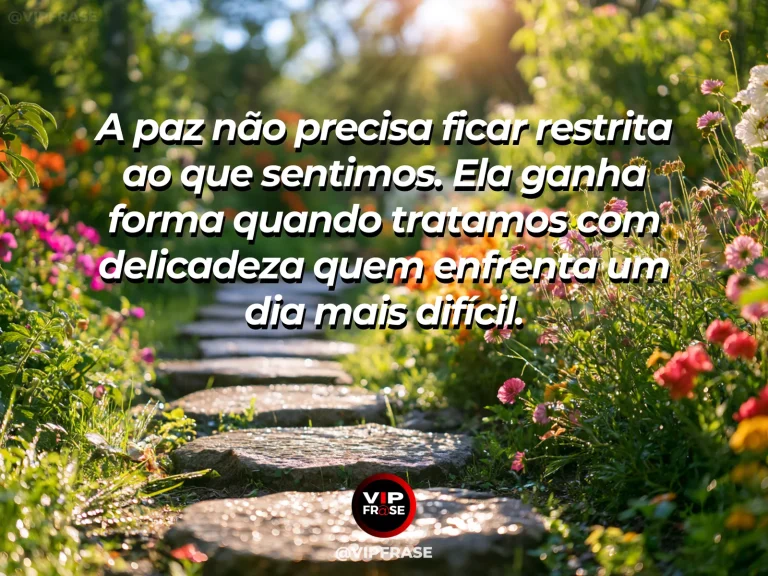 Mensagem sobre serenidade que se transforma em cuidado, com canteiro colorido e pequena passagem florida em jardim ensolarado.
